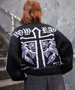 WEGO クロスダメージニットBIGブルゾン ブラック