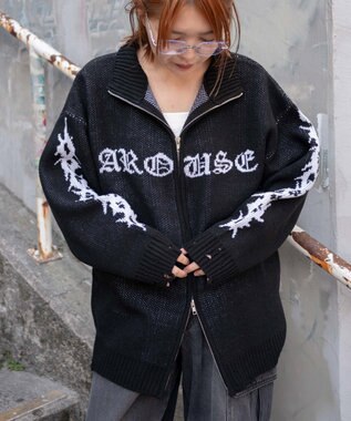 WEGO クロスダメージニットBIGブルゾン ブラック