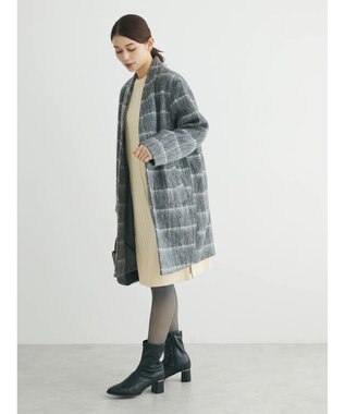 Green Parks コクーンシルエットチェックシャギーコート Black