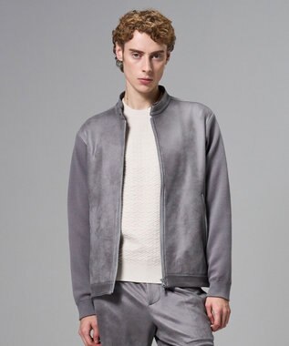  【ストレッチ】レザーライクジャージーニットブロック　ZIP UPブルゾン