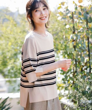 ANY SIS 【アイスタッチ】ボートネックニット プルオーバー ベージュ×ブラック