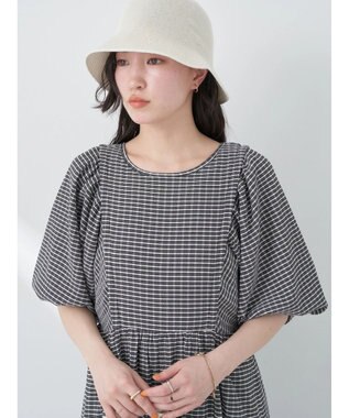 earth music&ecology ボリュームスリーブＣｈｅｃｋワンピース Black