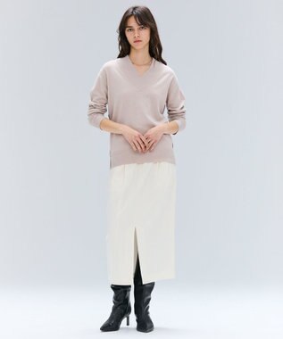 BEIGE， 【洗える】POMPE / ウールカシミヤ配色ラインVネックニット  Taupe×Bordeaux