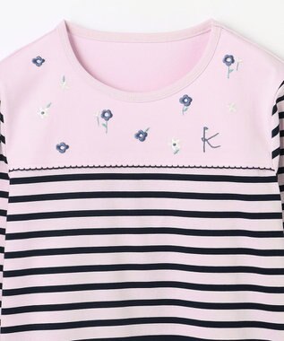 組曲 KIDS 【150-160㎝】フラワー刺繍ボーダー Tシャツ サクラ系
