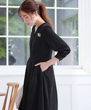 Tiaclasse 【洗える】ロールVネックワンピース ブラック