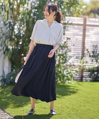 ANY 【新色追加】スキッパーネック袖タックブラウス ライトグレー