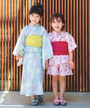 ANY KIDS 【洗濯機可能】簡単帯付き 甚平セット ピンク×イチゴ