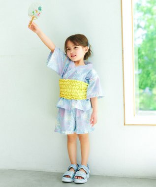 ANY KIDS 【洗濯機可能】簡単帯付き 甚平セット サックスブルー×花火