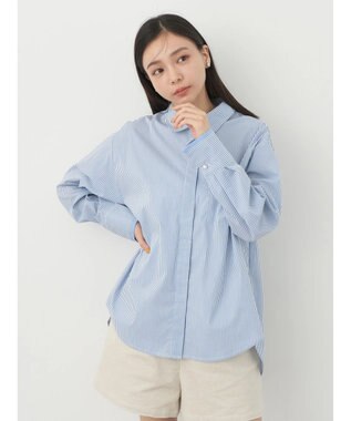 earth music&ecology パールボタンシャツ Stripe Blue