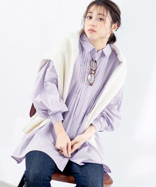 Tiaclasse 【洗える】パフ袖シャツチュニックブラウス ラベンダーストライプ