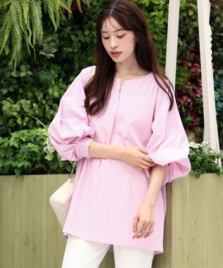 Tiaclasse 【洗える】パフスリーブチュニックブラウス ピンクストライプ