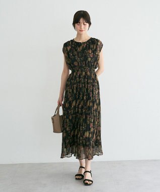 YECCA VECCA シアー花柄プリーツワンピース Black