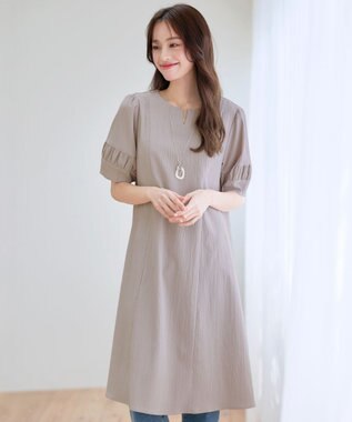 Tiaclasse 【選べる着丈・新色追加】ギャザーランタンスリーブワンピース 膝丈グレージュ