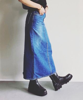 woadblue ＜坪田あさみさんコラボ＞コットン100％I LINE DENIM SKIRT  Iライン デニムスカート MIDBLUE