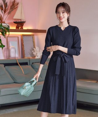 Tiaclasse 【洗える】プリーツ編みラメニットフレアワンピース ネイビー