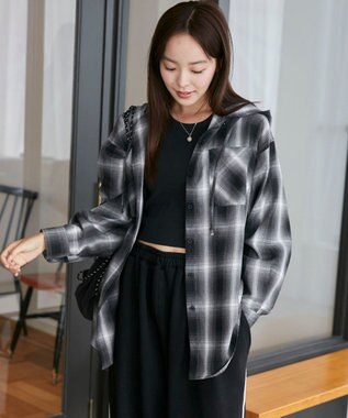 WEGO フードチェックBIGシャツ ブラック