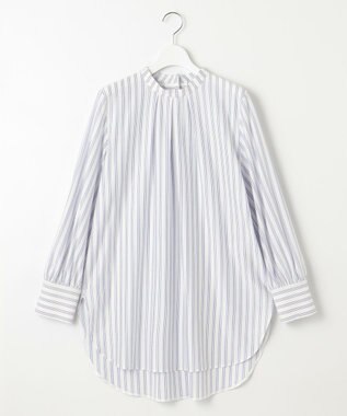 自由区 【洗える】ストレッチシャーティングスタンドカラーストライプ ブラウス サックスブルー系1