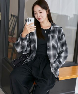 WEGO フードチェックBIGシャツ ブラック