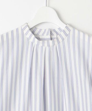 自由区 【洗える】ストレッチシャーティングスタンドカラーストライプ ブラウス サックスブルー系1