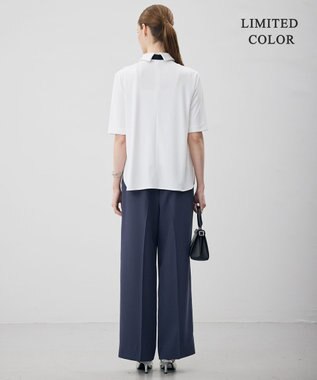 ICB 【WEB限定カラーあり】マラボーテライトジョーゼット 半袖ボウタイ付きシャツカラートップス オフホワイト×レース襟［WEB限定］