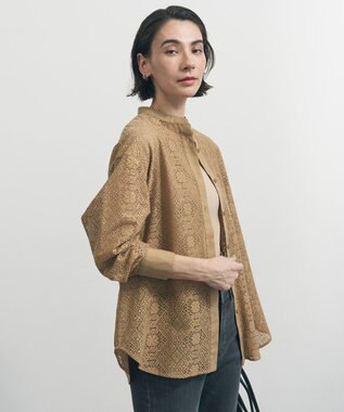 UNFILO ブロックレース バンドカラーシャツ キャメル