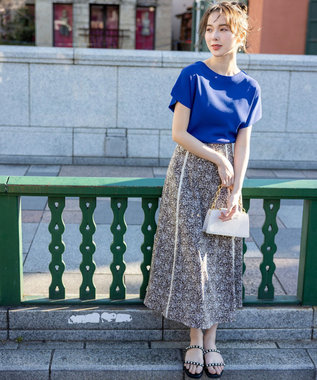 ANY SIS 【洗える】ラインポイントフラワー スカート ブルー系