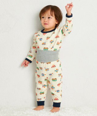 MIKI HOUSE HOT BISCUITS 【80-120cm】 あったかキルト素材 乗り物柄 腹巻き付き長袖パジャマ アイボリー