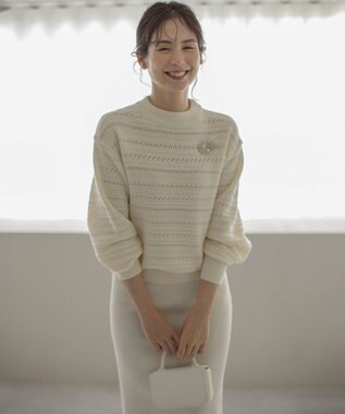 組曲 【WEB限定カラーあり】透かし編みバルキーボーダー柄ニット アイボリー系