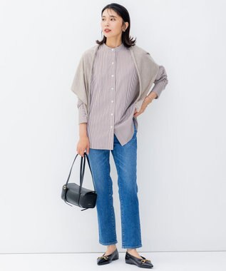 23区 【洗える】CANCLINI バンドカラー シャツ ダークブラウンストライプ