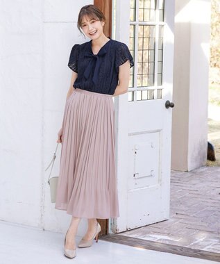 Tiaclasse L 【洗える】幅広く活躍が期待できるボウタイレースブラウス ネイビー