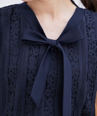 Tiaclasse 【洗える】幅広く活躍が期待できるボウタイレースブラウス ネイビー