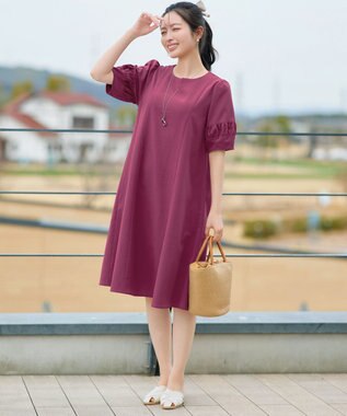 Tiaclasse 【選べる着丈・新色追加】ギャザーランタンスリーブワンピース 膝丈プラム