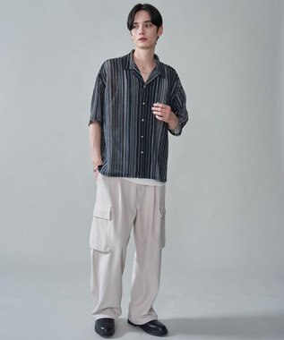 WEGO ストライプメッシュBIGシャツ（SS） ブラック中濃色