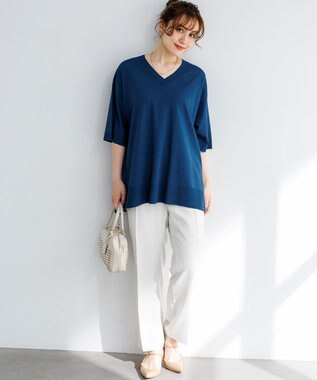 23区 L 【先行予約/WEB&一部店舗限定カラーあり/Lサイズ限定】レーヨンポリエステルストレッチ Vネック ニット ダルブルー系