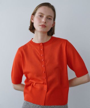 BEIGE， MOISE / シアーニット　5分袖カーディガン Red × Ecru