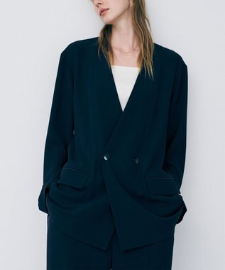 uncrave バックサテンジョーゼット ノーカラージャケット ネイビー