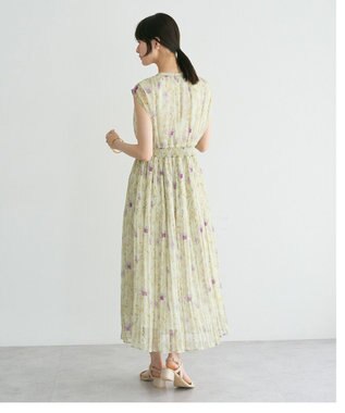 YECCA VECCA シアー花柄プリーツワンピース Light Green