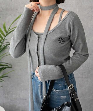 WEGO 【2点SET】ワンポイント刺繍キャミセットカーデ ダークグレー