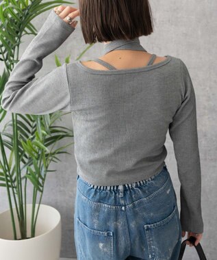 WEGO 【2点SET】ワンポイント刺繍キャミセットカーデ ダークグレー