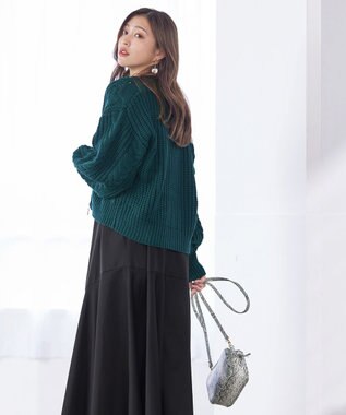 Tiaclasse 【洗える】ケーブル編みショート丈カーディガン グリーン