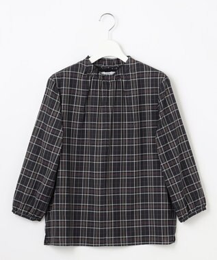 J.PRESS LADIES L プロビスストライプチェック フリルネック カットソー ネイビーチェック系