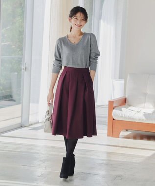 Tiaclasse 【新色追加・洗える】ウール調タックフレアスカート ワインレッド