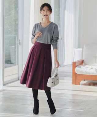 Tiaclasse 【新色追加・洗える】ウール調タックフレアスカート ワインレッド