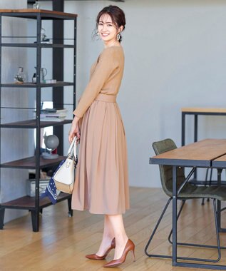 Tiaclasse 【洗える】異素材を組み合わせたミモレ丈リブコンビワンピース ベージュ×ベージュ