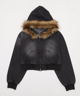 WEGO ファーフードデニムショートブルゾン デニムブラック