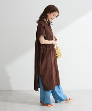 Green Parks 半袖シアースキッパーシャツワンピース Brown
