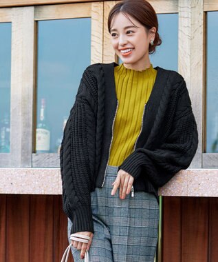 Tiaclasse 【洗える】ケーブル編みショート丈カーディガン ブラック