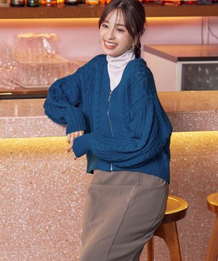 Tiaclasse 【洗える】ケーブル編みショート丈カーディガン ブルー