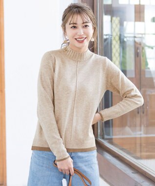 Tiaclasse 【洗える】もっちり素材が肌触り抜群の配色ニットトップス ベージュ×キャメル