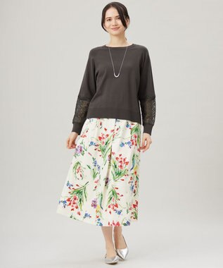 自由区 S 【洗える】ペイントタッチフラワープリント スカート アイボリーベース